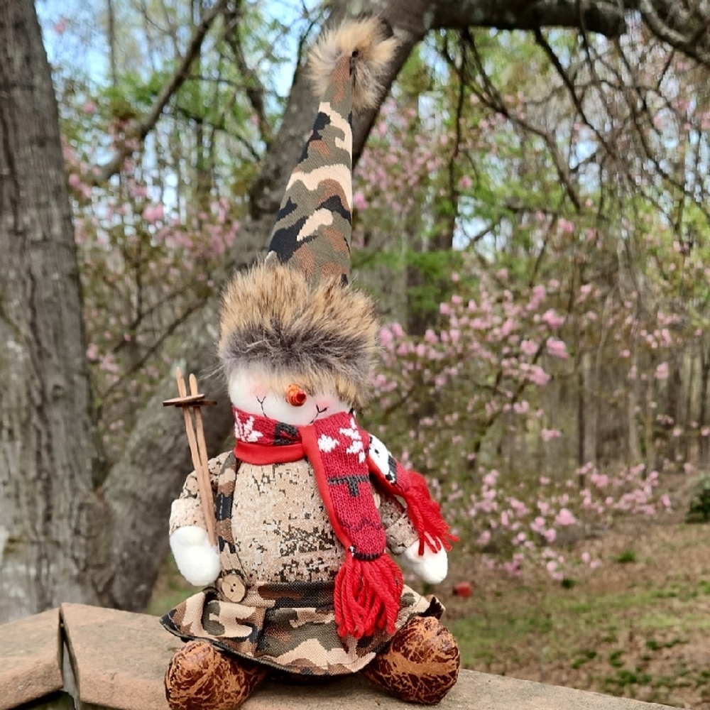 Handcrafted Red Scarf  & Camo Woodland Snowman Home Accent